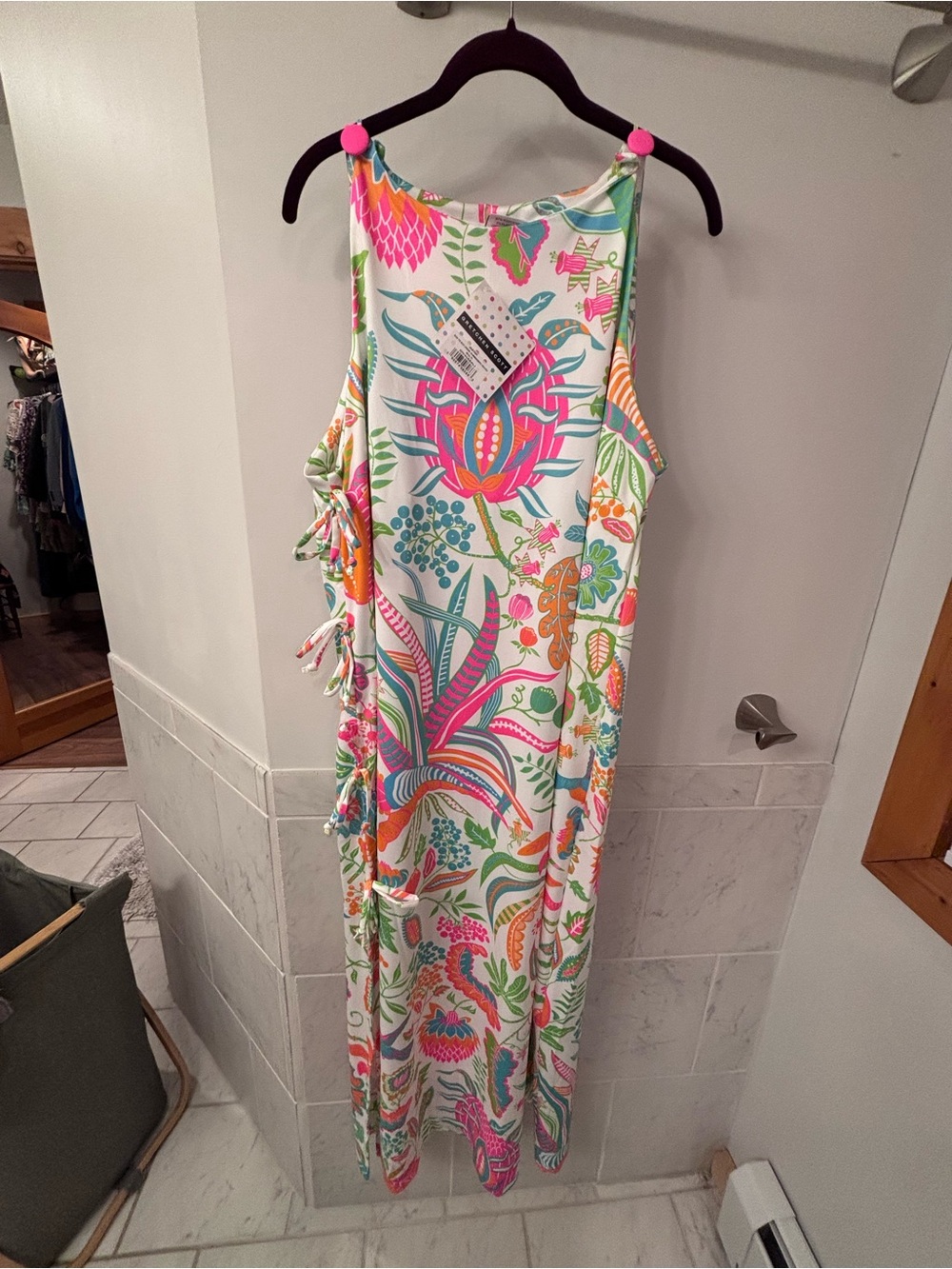 Gretchen Scott Designs Floral Tie-Side Maxi Dress in White, Pink, Green - Picture 2 of 7